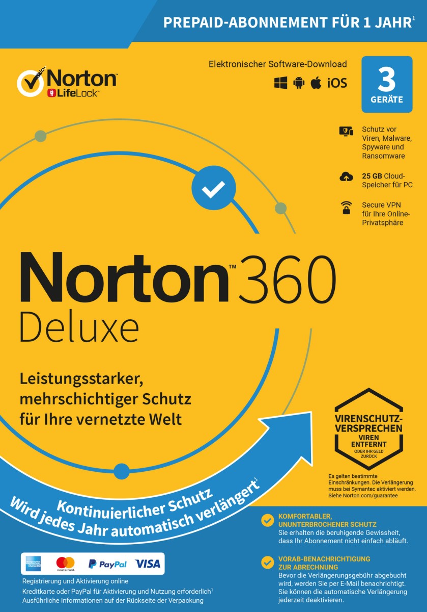 Norton 360 kein ABO Deluxe inkl. 25GB (3 Device - 1 Jahr) ESD Norton 360 kein ABO Deluxe inkl. 25GB (3 Device - 1 Jahr) ESD